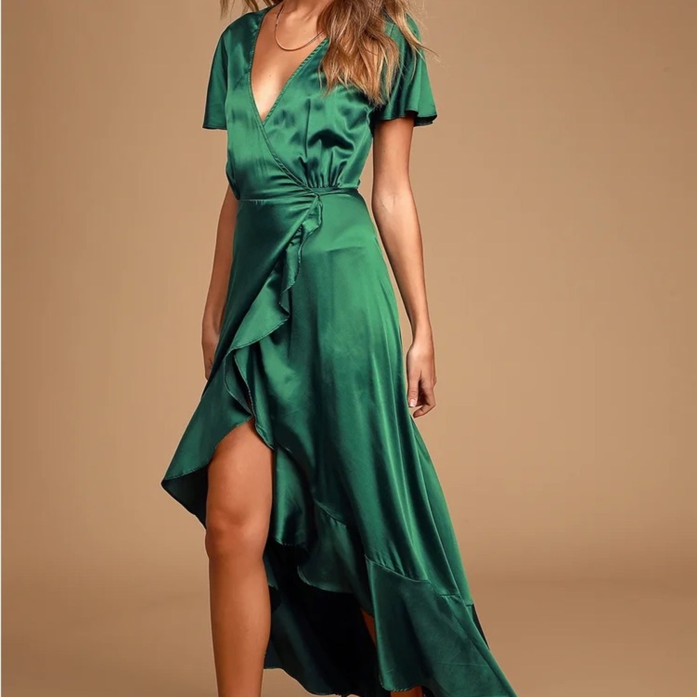 Dark Green Satin Ruffled Wrap Maxi Dress